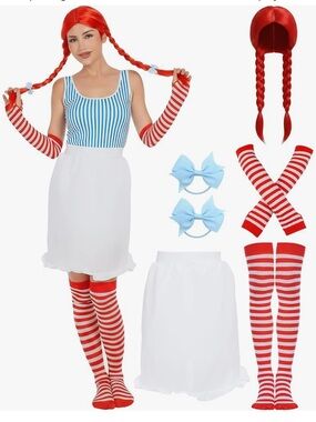 NWT Women’s Red Braided Pigtail Fast Food Costume Cosplay Halloween Outfit Set